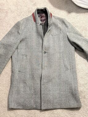 Gray Michael Kors Wool Blend Overcoat with Maroon Collar Accent